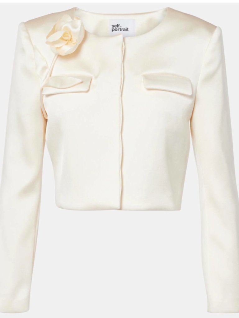 Self-Portrait Cream 3d Flower Satin Blazer Women's With Flower And Pockets Nwt